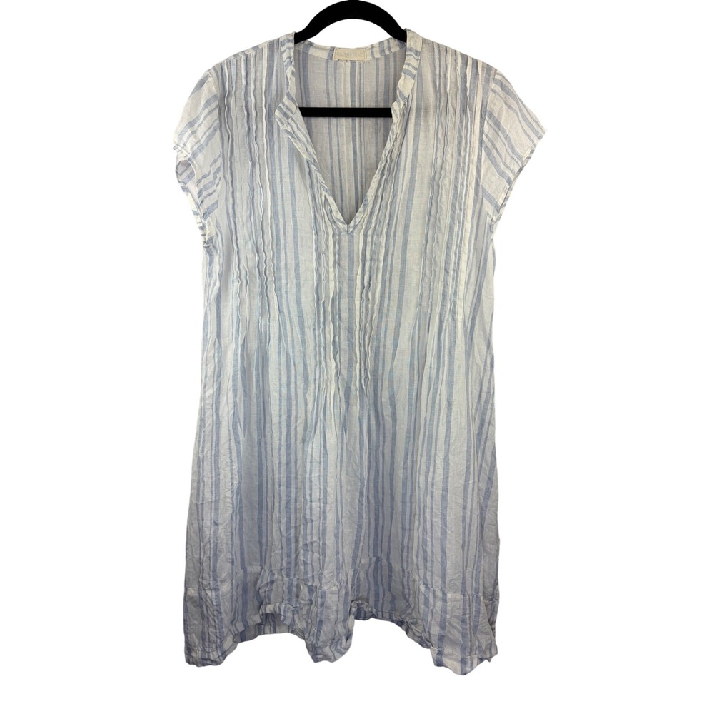 CP Shades Blue White Striped 100% Linen Pintuck Tunic Dress Womens Medium USA